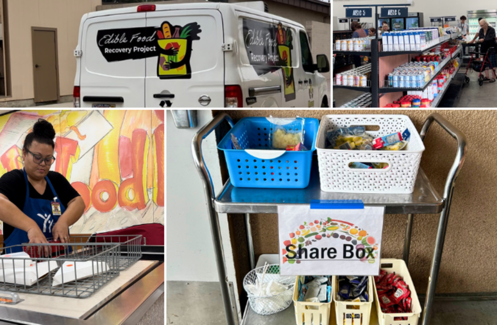 Photo collage containing Nutrition Services worker, share boxes, delivery van and South County Outreach store front