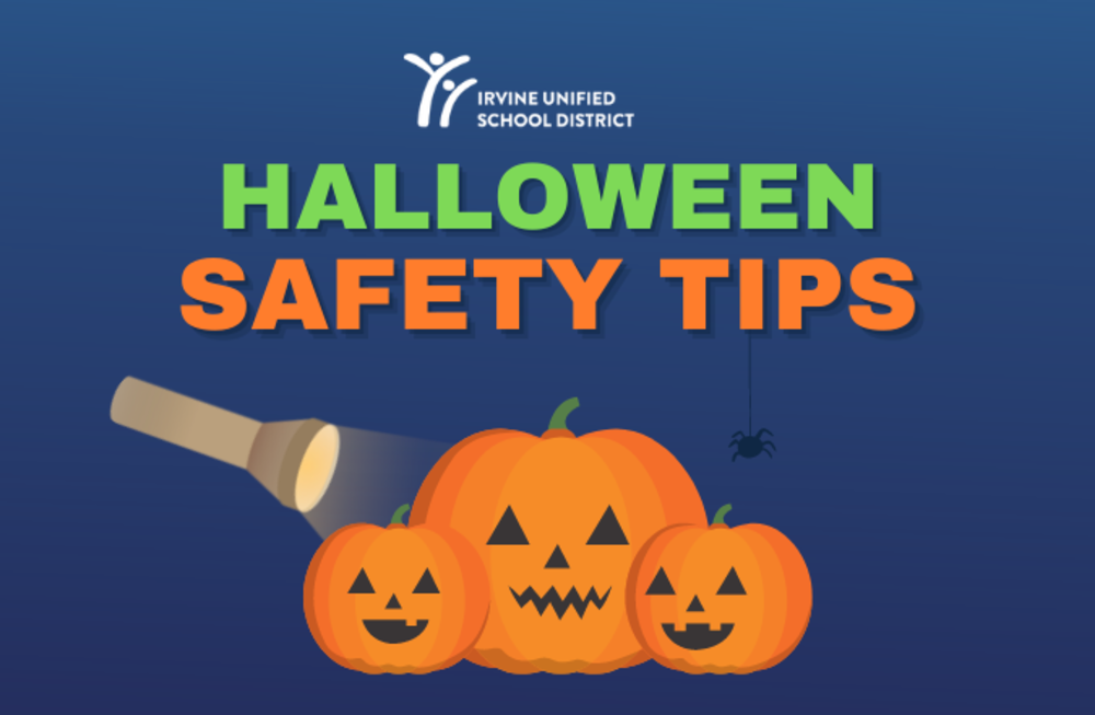 Halloween Safety Tips text and pumpkins with flashlight shining on them.