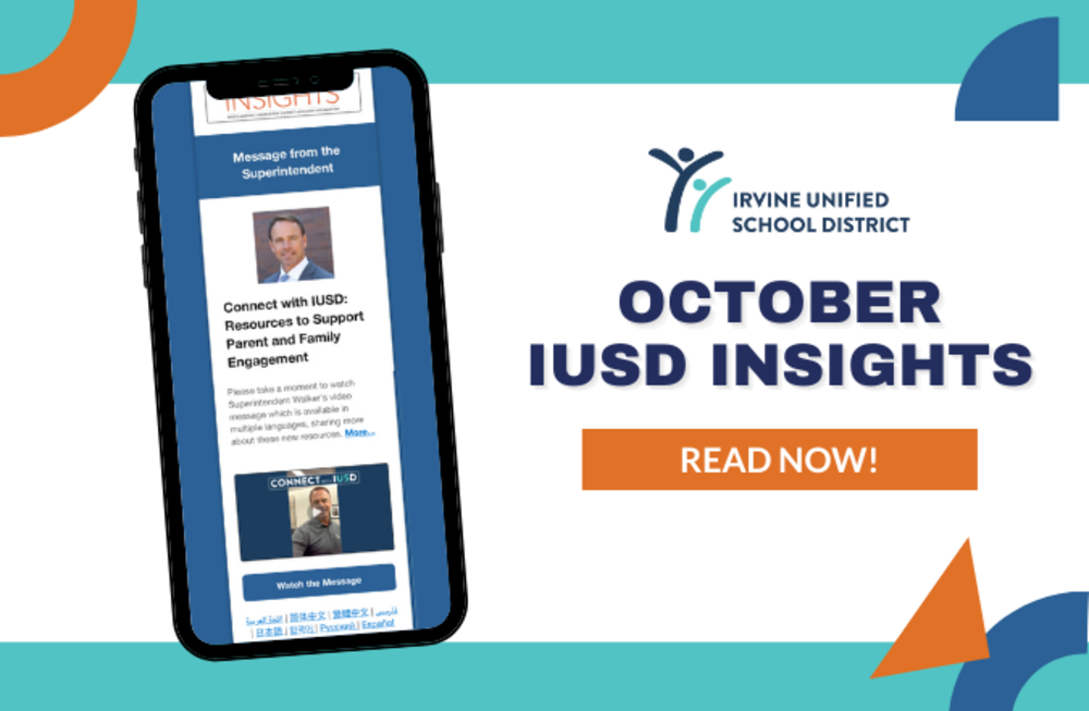 A phone containing IUSD Insights newsletter and "read now" text